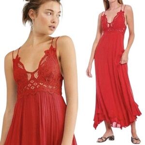 Free People Like New Adella Crochet Lace Ruffle Maxi Slip Full Length Red Dress